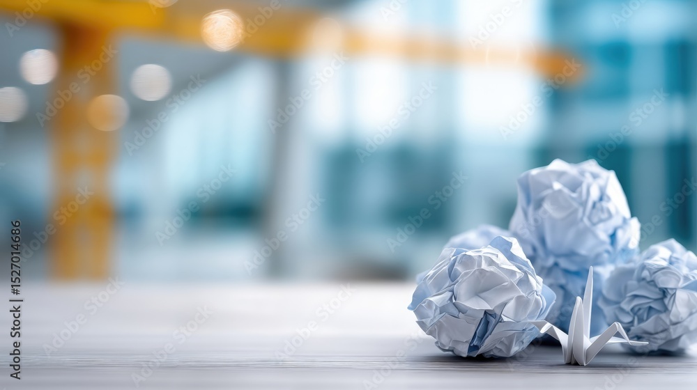 Poster Crumpled Paper Balls and Origami Crane on Desk, Illustrating Creative Block and Problem Solving in Business Innovation and Design Thinking, Representing Failure : Generative AI