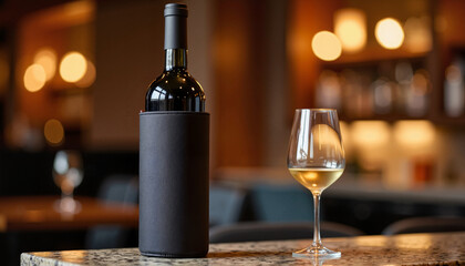 Wine bottle in cooler beside glass of white wine on counter  