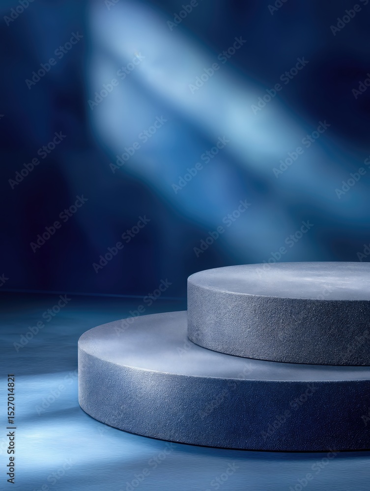 Poster two-tiered round platform in blue tones with light streaks, ideal for product presentation and techn