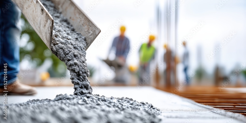 Poster Fresh Concrete Being Poured on Construction Site With Workers in Background, Showcasing Infrastructure Development and Teamwork in Civil Engineering : Generative AI