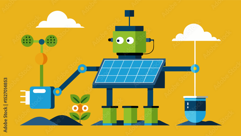 Aufkleber a solarpowered robot equipped with a 3d printer printing custom irrigation parts on demand for effic