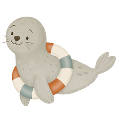 Cute cartoon baby seal with lifebuoy – isolated PNG illustration on transparent background