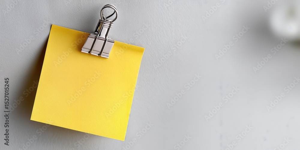 Poster yellow sticky note attached with clip on gray surface, representing business communication and impor