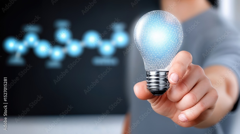 Poster Hand Holding Glowing Lightbulb with Network Mesh, Symbolizing Innovation and Creative Solutions for Business Development and Technological Advancement : Generative AI