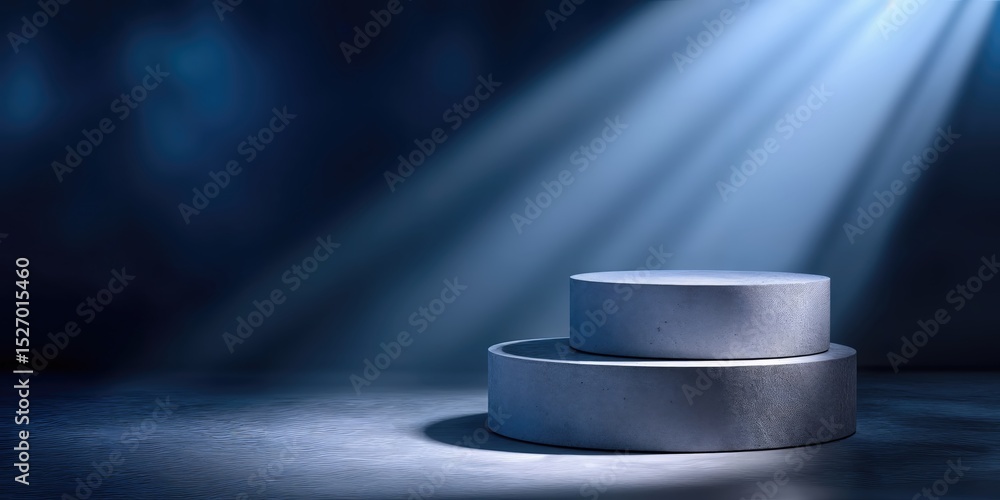 Poster two-tiered concrete display platform under blue spotlight, representing product presentation and min