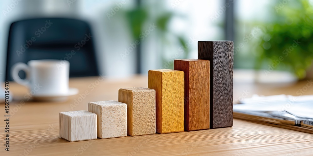 Poster Wooden Blocks Arranged as a Rising Bar Graph on a Table, Symbolizing Growth and Financial Success in Business Development and Investment Strategies : Generative AI