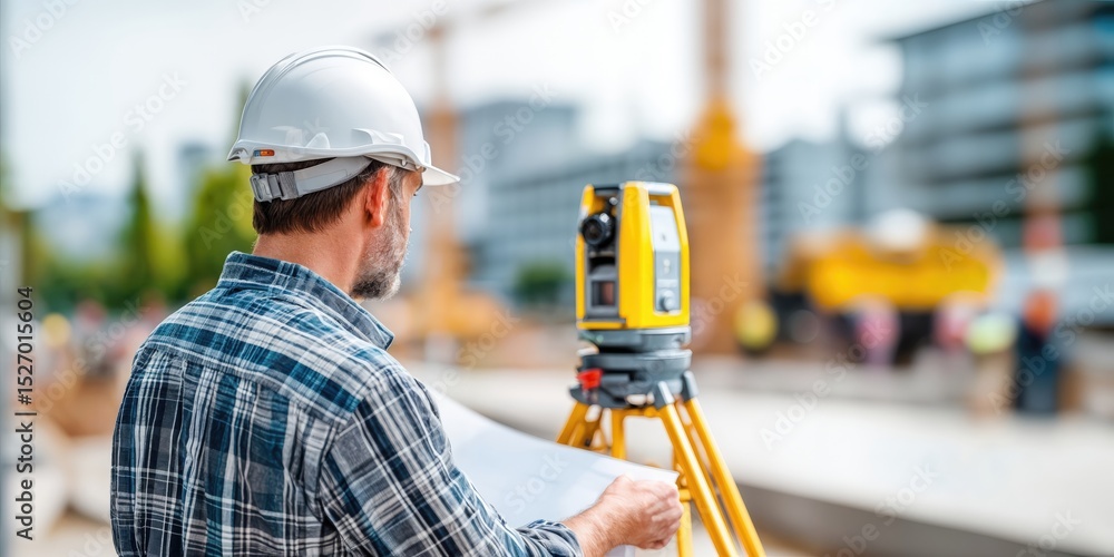 Poster Construction Worker in Hard Hat Reviewing Plans With a Theodolite, Representing Project Management and Infrastructure Development : Generative AI
