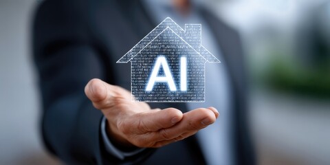 Hand Holding Glowing House Made of Binary Code, Symbolizing Smart Home Technology and Real Estate Innovation for the Future : Generative AI