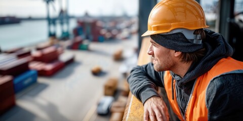 Construction Worker in Hard Hat Overlooking Shipping Yard, Representing Industrial Progress and Infrastructure Development, With a Sense of Hope and Future Vision : Generative AI
