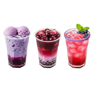 Three refreshing cold drinks with fruit, ice, and bobal on transparent background, for beverage menu design.