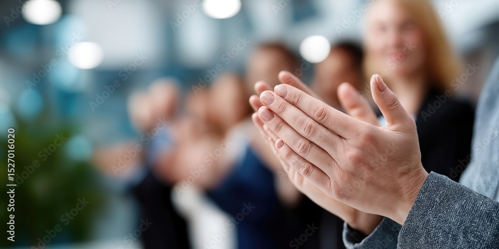 Poster business team clapping hands in office setting, showcasing appreciation and corporate success for em