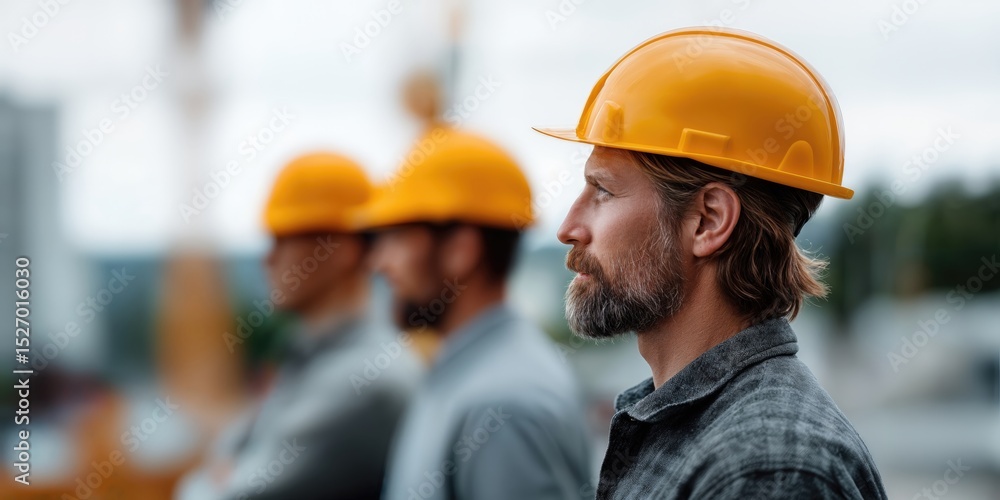 Poster construction workers wearing hard hats standing in a row, illustrating teamwork and skilled labor fo