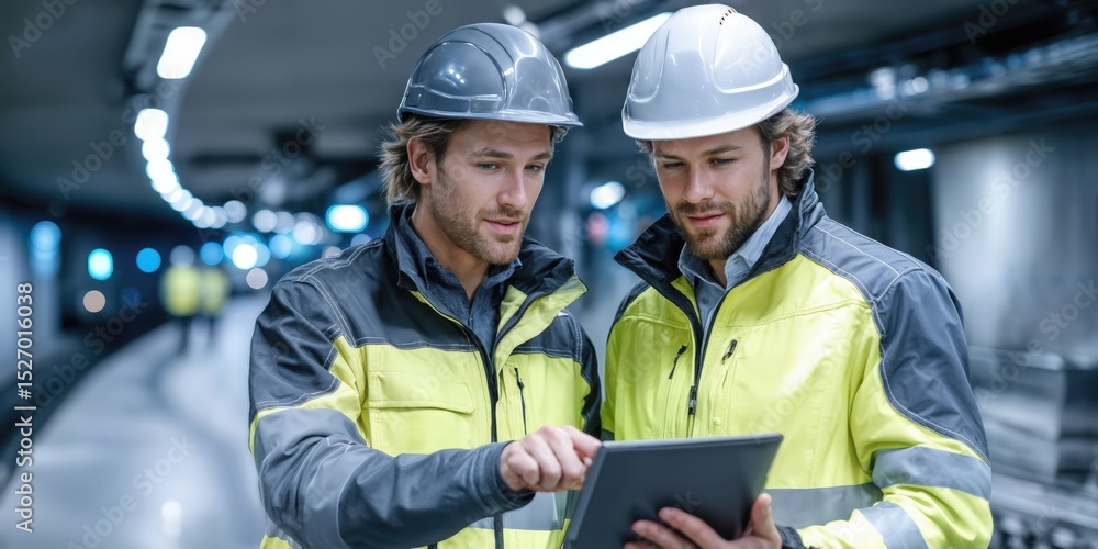 Poster two construction workers inspecting plans on a tablet in a tunnel, showing collaboration and industr