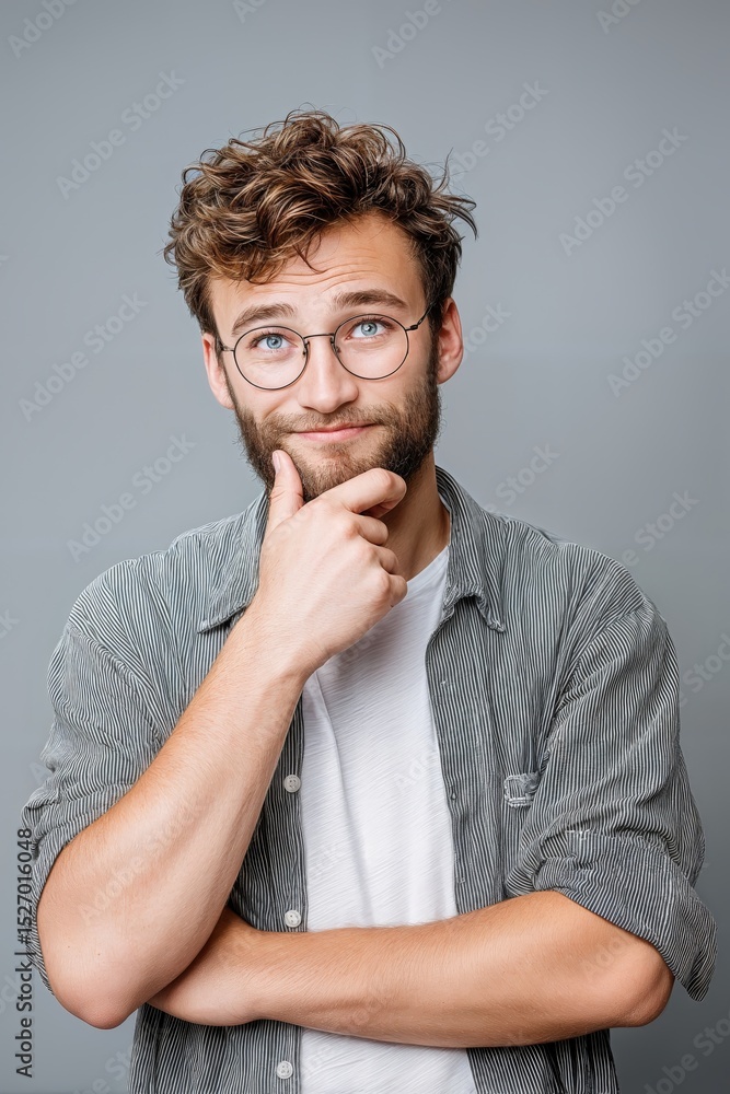 Poster Pensive Man With Glasses Touching Chin Against Grey Backdrop, Representing Contemplation and Problem Solving for Business Insight and Creative Thinking : Generative AI