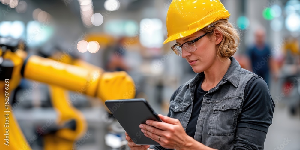 Poster Female Engineer Inspecting Robotic Arm With Tablet, Representing Industrial Progress and Technological Innovation in Manufacturing and Automation : Generative AI