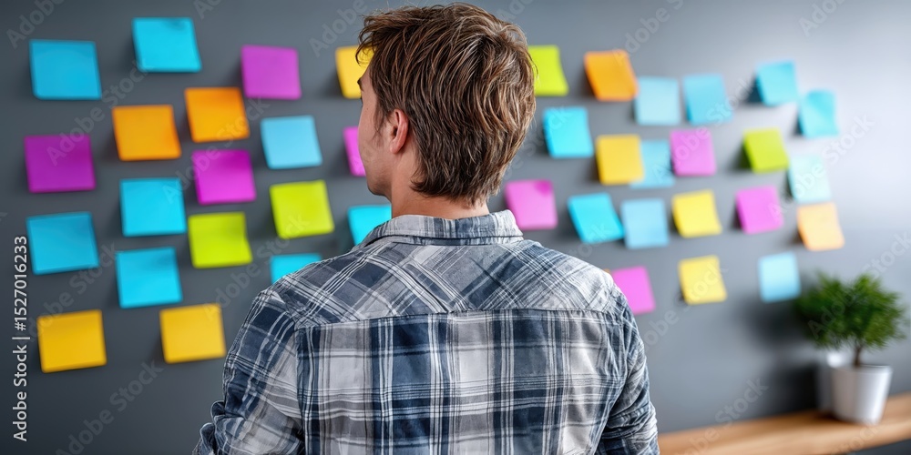 Poster man looking at colorful sticky notes on wall, representing brainstorming and strategic planning for 