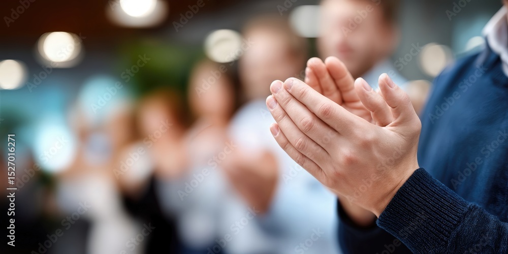 Poster close-up of hands clapping at a business meeting, illustrating teamwork and corporate success, with 