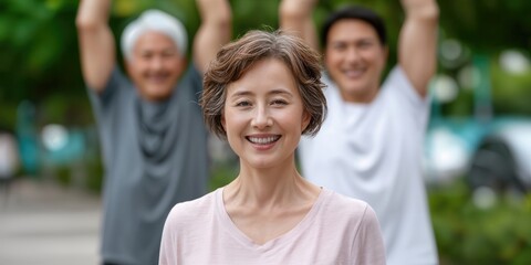 Smiling Woman With Friends Doing Yoga Outdoors, Representing Wellness and Healthy Lifestyle for Senior Recruitment and Community Engagement Programs : Generative AI