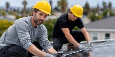 Solar Panel Installers Working on Rooftop, Illustrating Renewable Energy and Sustainable Development Goals, Promoting Green Technology and Environmental Responsibility : Generative AI