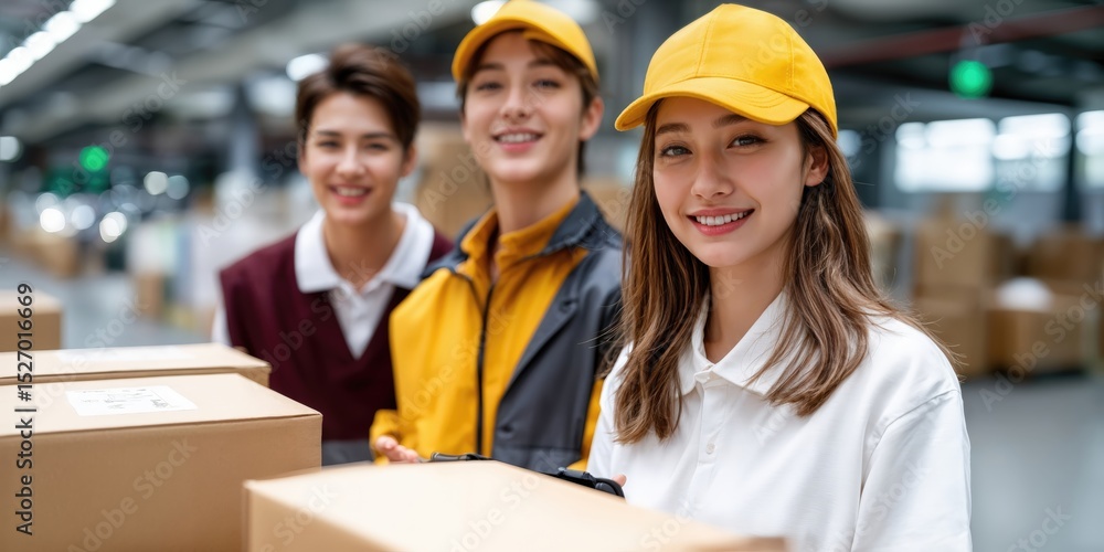 Poster Smiling Delivery Team in Warehouse With Boxes, Representing Logistics, Efficiency and Customer Service, Ready for Distribution and Shipment : Generative AI