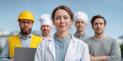 Diverse Team of Professionals Standing Together, Representing Collaboration and Workplace Diversity, Including Doctor, Chef, Engineer, and Other Workers : Generative AI