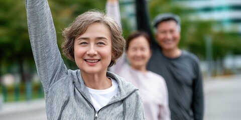 Active Senior Woman Stretching Outdoors With Friends, Promoting Healthy Lifestyle and Community Engagement for Retirement Planning and Wellbeing Programs : Generative AI
