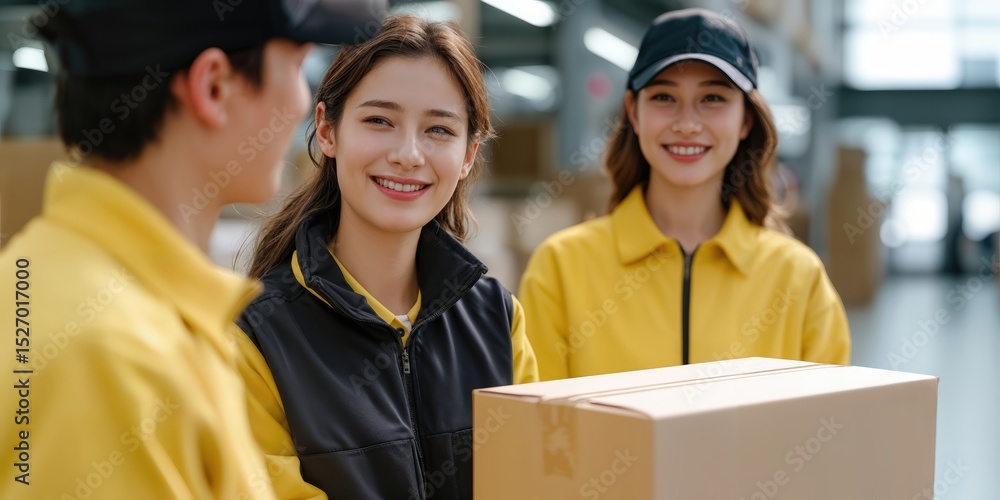 Poster smiling delivery team holding boxes in warehouse, depicting logistics and supply chain management fo
