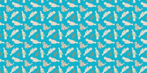 Seamless ocean pattern with cute seals in swimsuits and coral branches on blue background