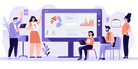 Team business meeting with digital data analytics presentation on large screen showing charts and graphs in modern office setting flat vector illustration