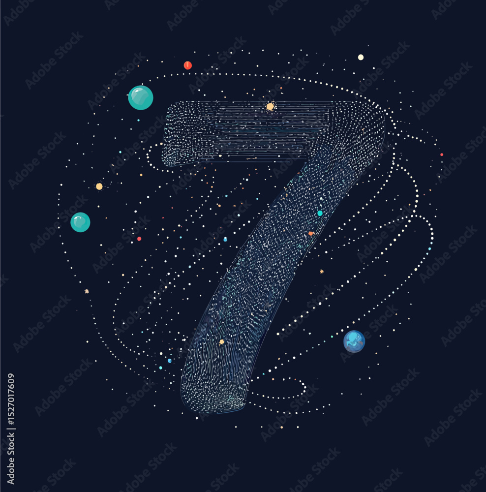 Poster abstract number seven composed of starry sky points and planets in minimalist space vector cosmic de