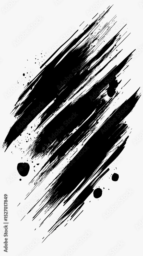 Poster abstract black ink brush strokes with splatters on white background artistic grunge texture design e