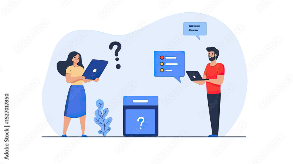 Poster man and woman holding laptop and tablet with question marks and speech bubbles representing online s