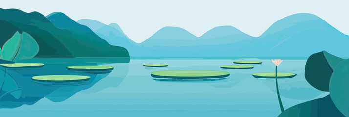 Serene calm lake with large floating lily pads and single pink water lily flower surrounded by distant soft blue mountain ranges in minimalist flat vector style