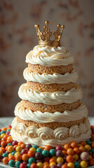 Royal-themed tiered cake with crown and candy decoration on blurred background.