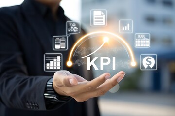 Business executive using KPI performance indicators with AI data analytics and digital dashboards to measure growth, optimize strategy, and digital transformation management