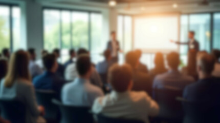 Presenter Presenting on Stage at Conference Meeting. Professional Lecture. Blurred Unidentifiable Presenter and Audience. Corporate Executive Manager Speaker. People Attendees, Company seminar class