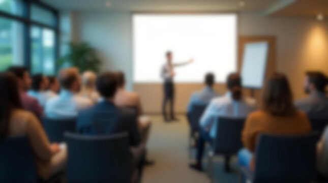 Presenter Presenting on Stage at Conference Meeting. Professional Lecture. Blurred Unidentifiable Presenter and Audience. Corporate Executive Manager Speaker. People Attendees, Company seminar room - Powered by Adobe