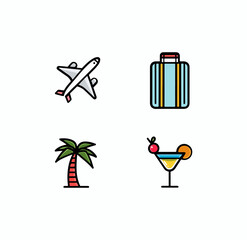 Vector summer travel icons set – suitcase, airplane, palm tree, cocktail