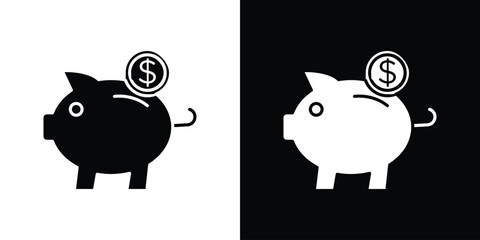 Piggy bank icon in flat version on black and white background