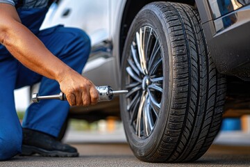 Technician Tightening Wheel Lug Nuts on Car