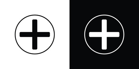 Plus icon in flat version on black and white background