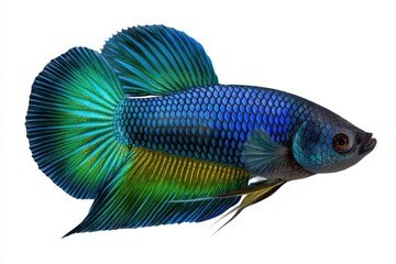 Fototapeta premium Colorful betta fish gracefully swimming in calm water, showcasing brilliant hues and intricate fin patterns during a serene moment