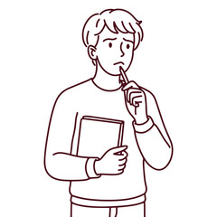 Black and white outline of a man with thoughtful expression and finger to chin, holding a notebook. Ideal for educational, planning, or memory themes