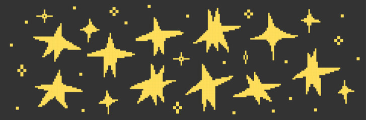 Vector doodle cartoon illustration featuring yellow whimsical stars of different shapes on dark gray background. Playful creative horizontal background for social media. design and decor