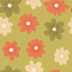 Vector simple colorful daisies on green background seamless pattern illustration. Cute minimalistic boho flat style illustration for textile, home decor, stationary, social media