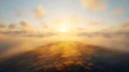 Fototapeta premium Golden sunrise over a misty hill, creating a breathtaking, dreamy landscape.
