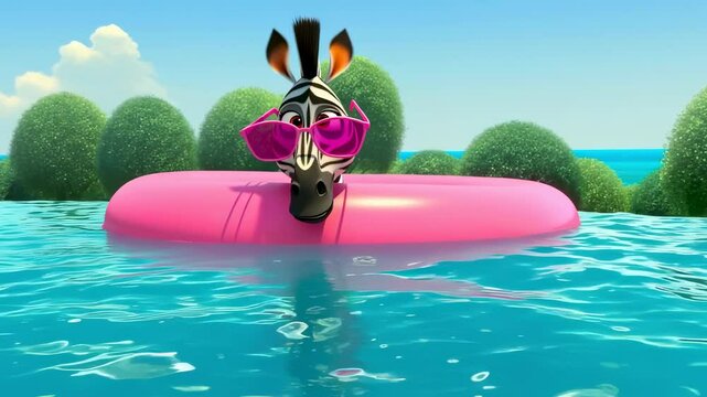 Cartoon zebra with pink sunglasses relaxing on inflatable pool float
