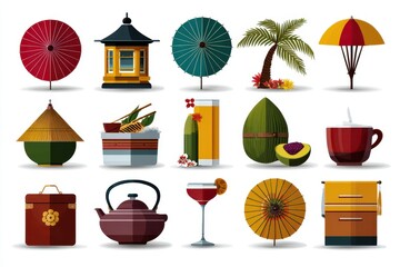 Vibrant collection of tropical elements showcasing relaxation and culture in a serene outdoor setting