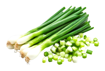 Fresh green onions market stall produce vibrant close-up culinary uses isolated on transparent background