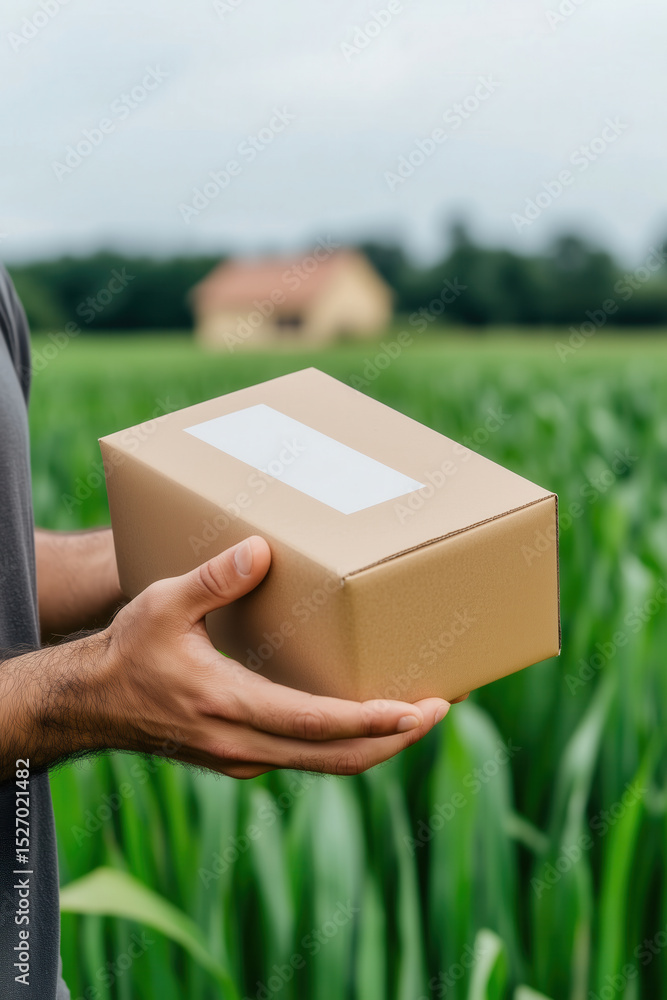 Poster delivery driver scans qr code on package in minimalist style. lush green fields become backdrop for 